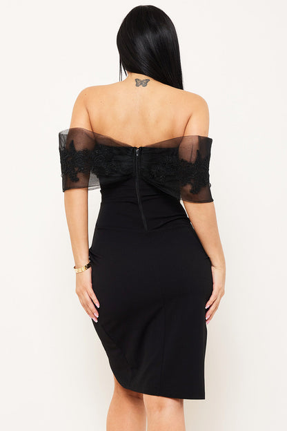 Symphony Dress - Embroidered Lace Applique Flower Mesh Midi Dress