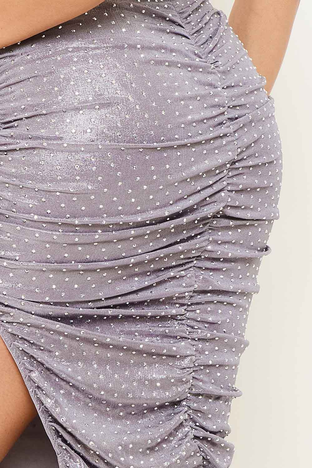 Symphony Dress - Foil With Rhinestone Shirring Midi Dress
