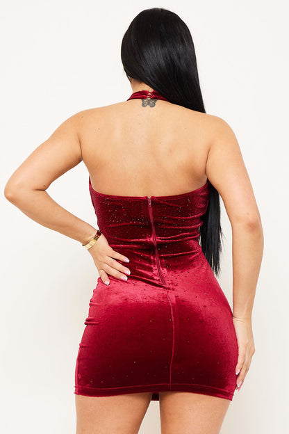 Symphony Dress - Rhinestone On Velvet Criss-Cross Halter Neck Mini Dress