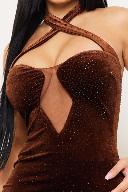 Symphony Dress - Rhinestone On Velvet Criss-Cross Halter Neck Mini Dress