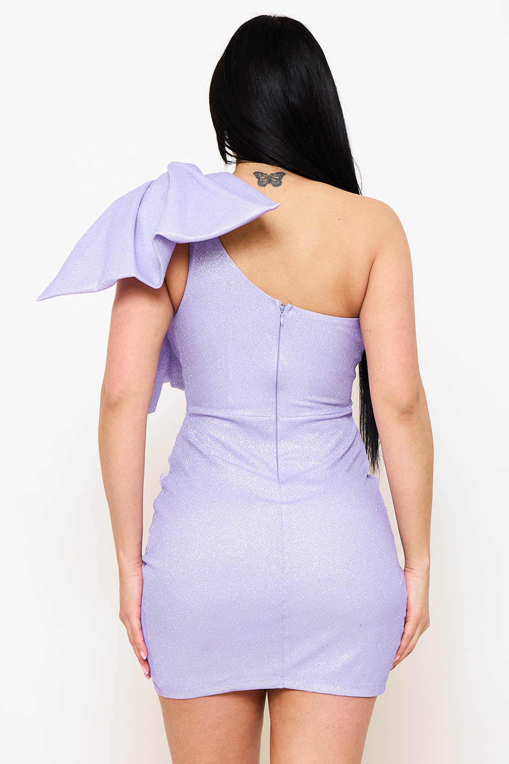 Symphony Dress - Shiny Knit Gltter Bow Shoulder Mini Dress