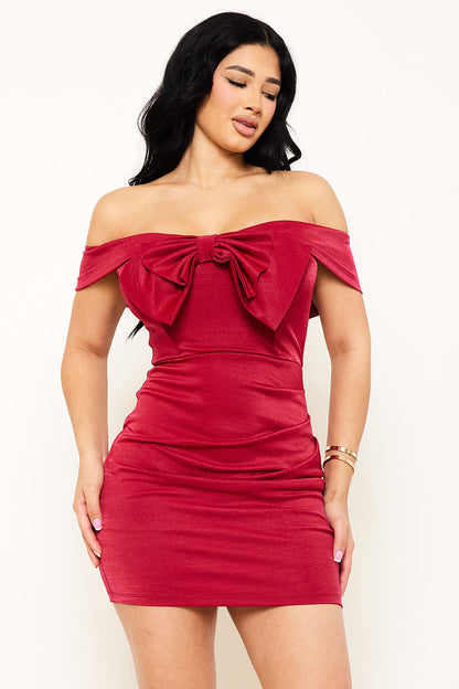 Symphony Dress - Bow Front Metallic Fabric Mini Dress