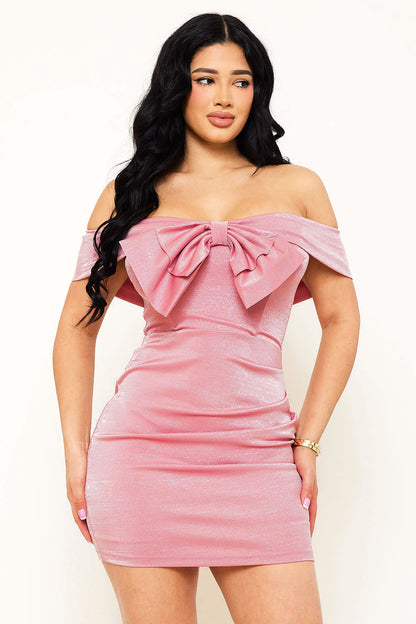 Symphony Dress - Bow Front Metallic Fabric Mini Dress