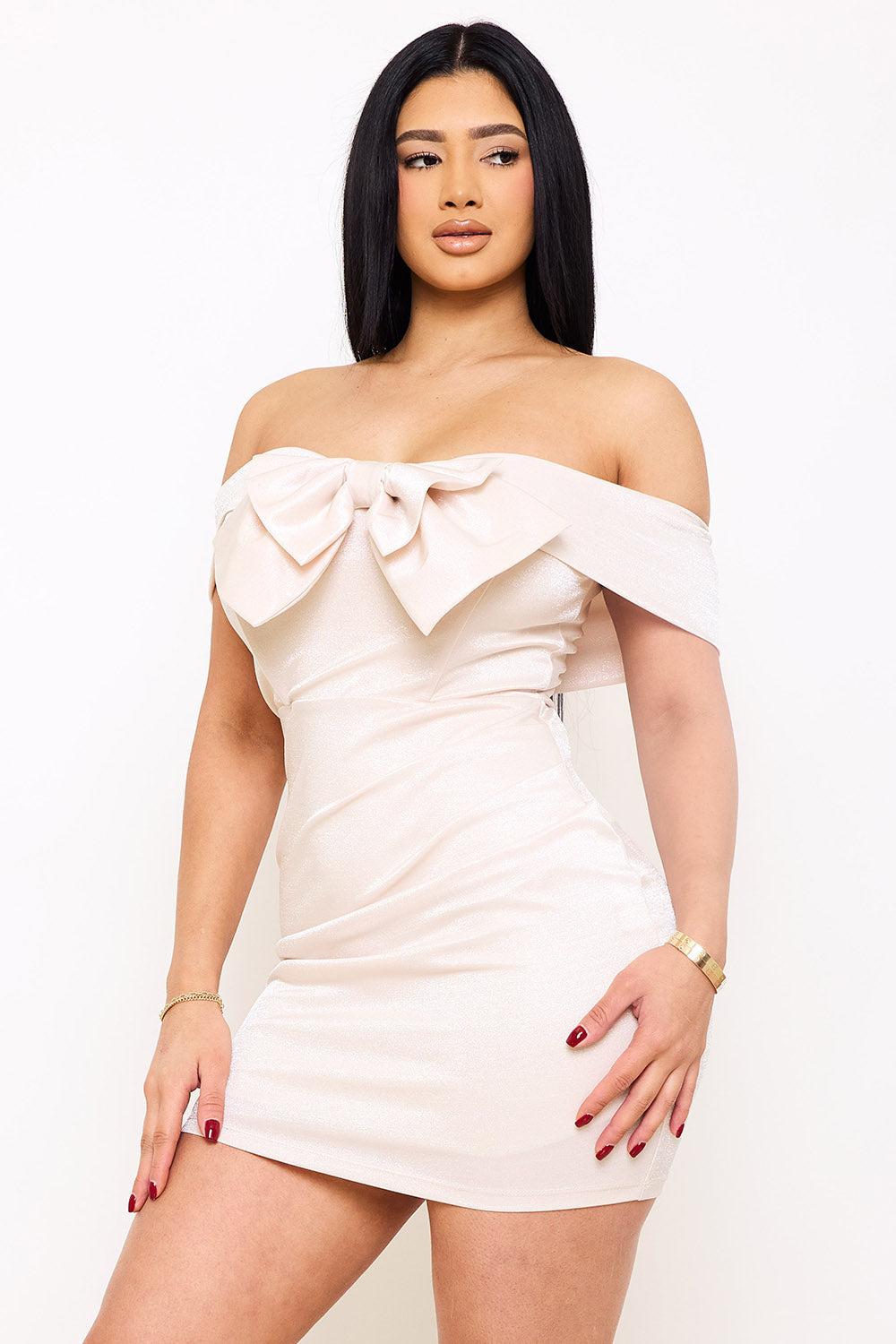 Symphony Dress - Bow Front Metallic Fabric Mini Dress