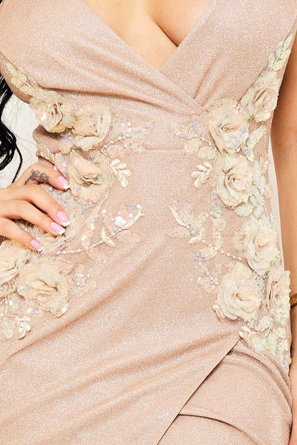 Symphony Dress - Flower Embellished Shiny Knit Wrap Mini Dress