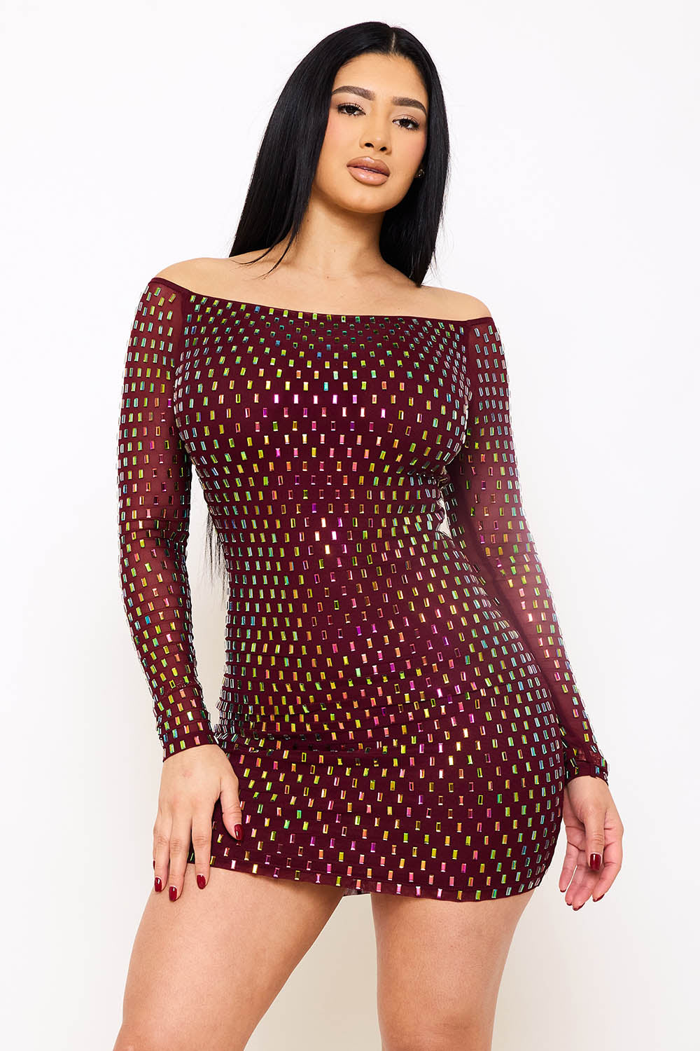 Symphony Dress - Rhinestone On Power Mesh Off The Shoulder Mini Dress