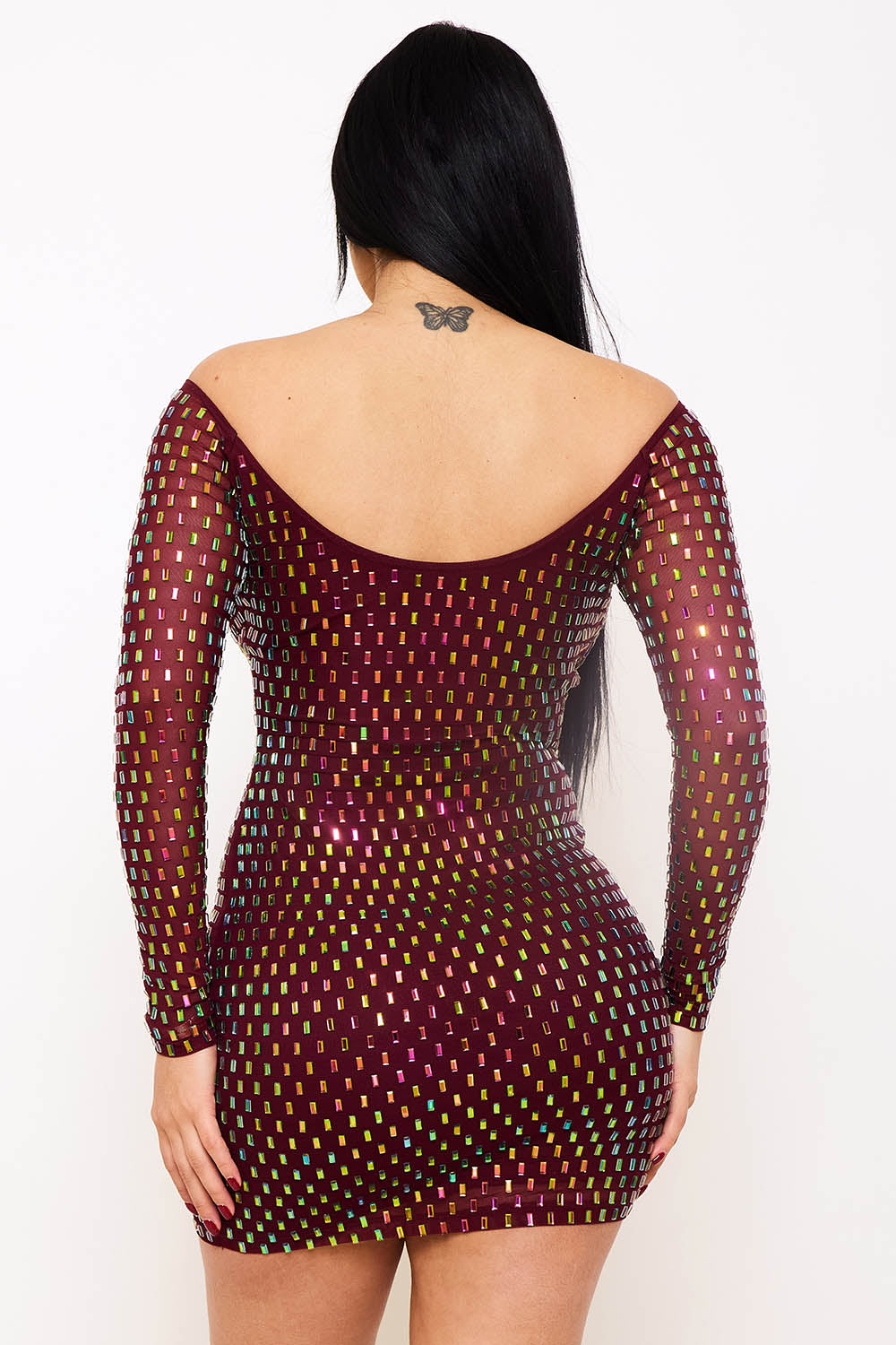 Symphony Dress - Rhinestone On Power Mesh Off The Shoulder Mini Dress