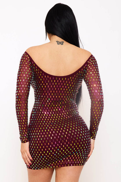 Symphony Dress - Rhinestone On Power Mesh Off The Shoulder Mini Dress