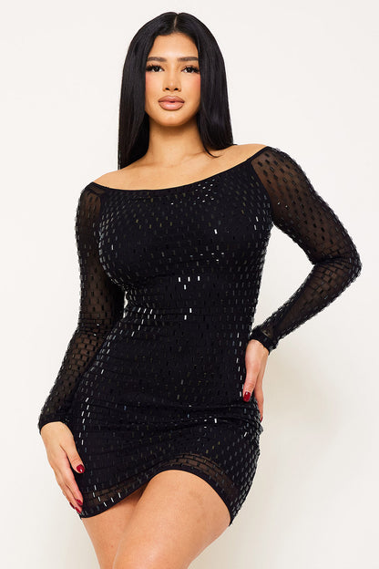 Symphony Dress - Rhinestone On Power Mesh Off The Shoulder Mini Dress