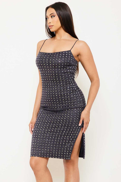 Symphony Dress - Square Rhinestone On Shiny Mini Dress
