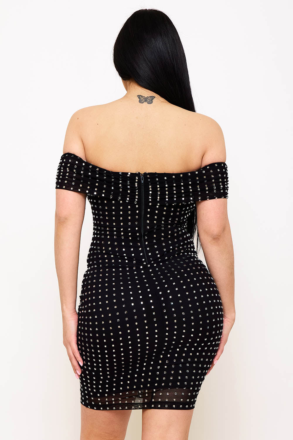 Symphony Dress - Square Rhinestone On Power Mesh Off The Shoulder Midi Dress