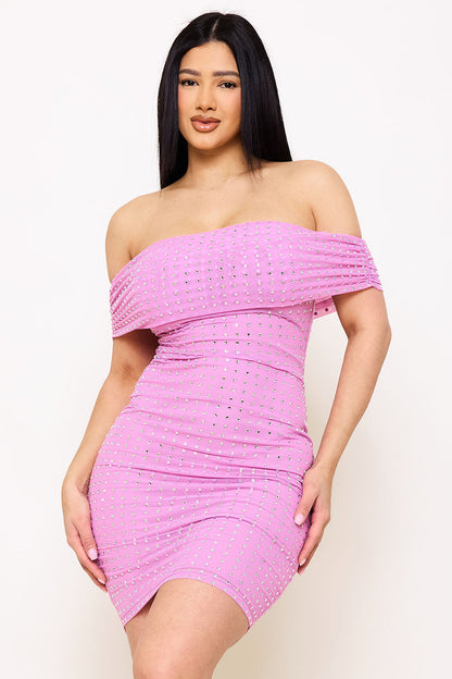 Symphony Dress - Square Rhinestone On Power Mesh Off The Shoulder Midi Dress