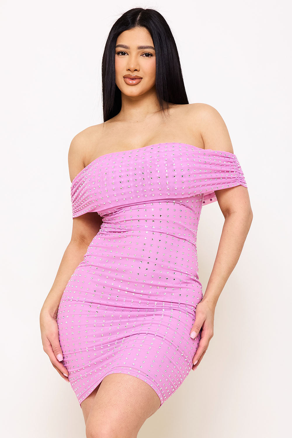 Symphony Dress - Square Rhinestone On Power Mesh Off The Shoulder Midi Dress