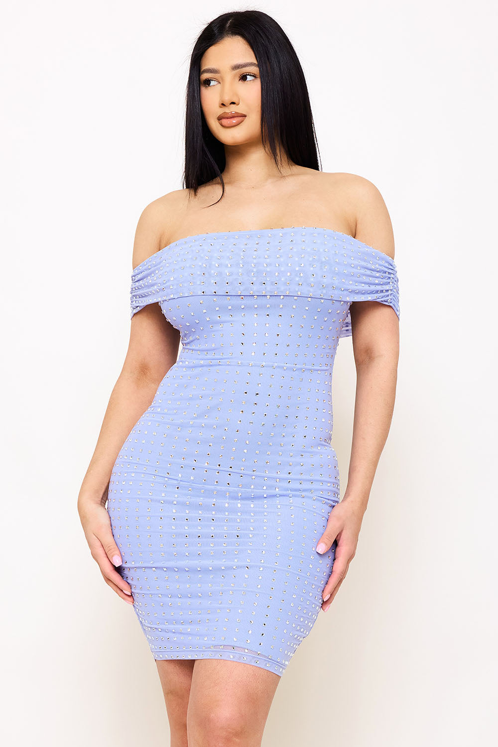 Symphony Dress - Square Rhinestone On Power Mesh Off The Shoulder Midi Dress