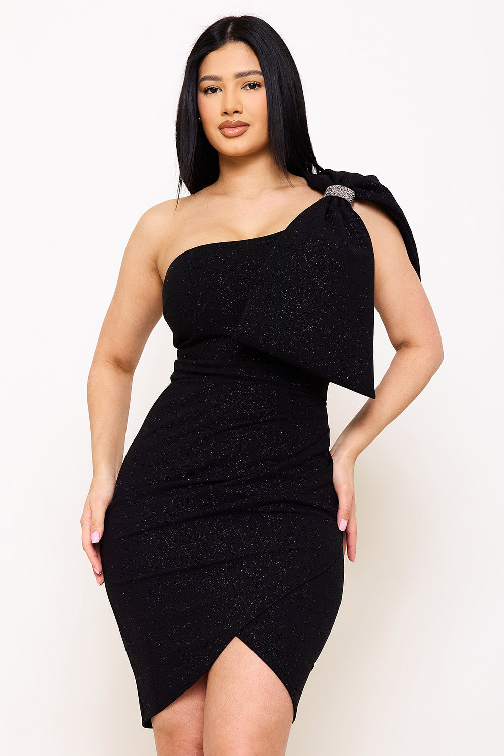 Symphony Dress - Extra Large Bow On One Shoulder Glitter Mini Dress