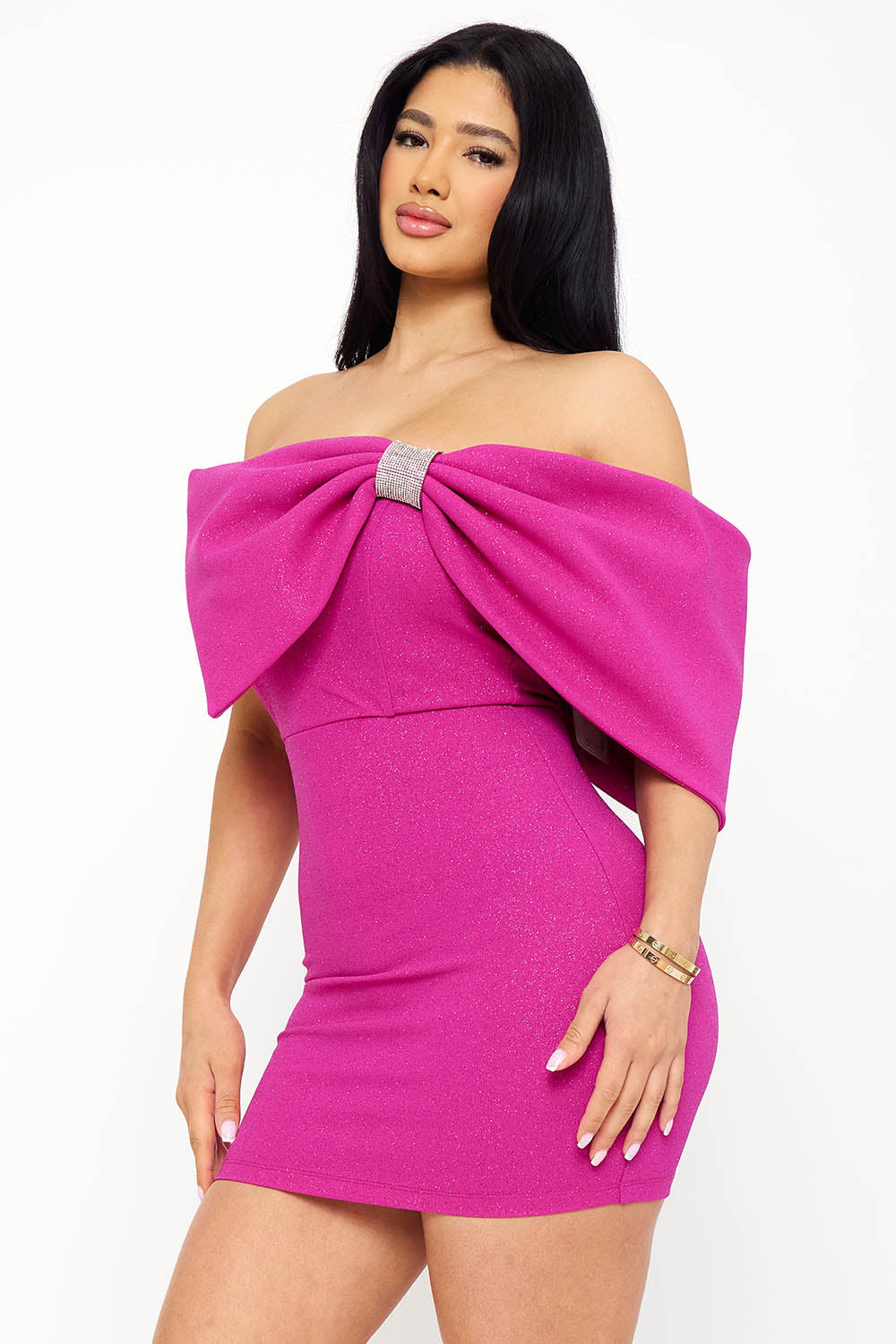 Symphony Dress - Glitter With Large Bow On One Shoulder Mini Dress