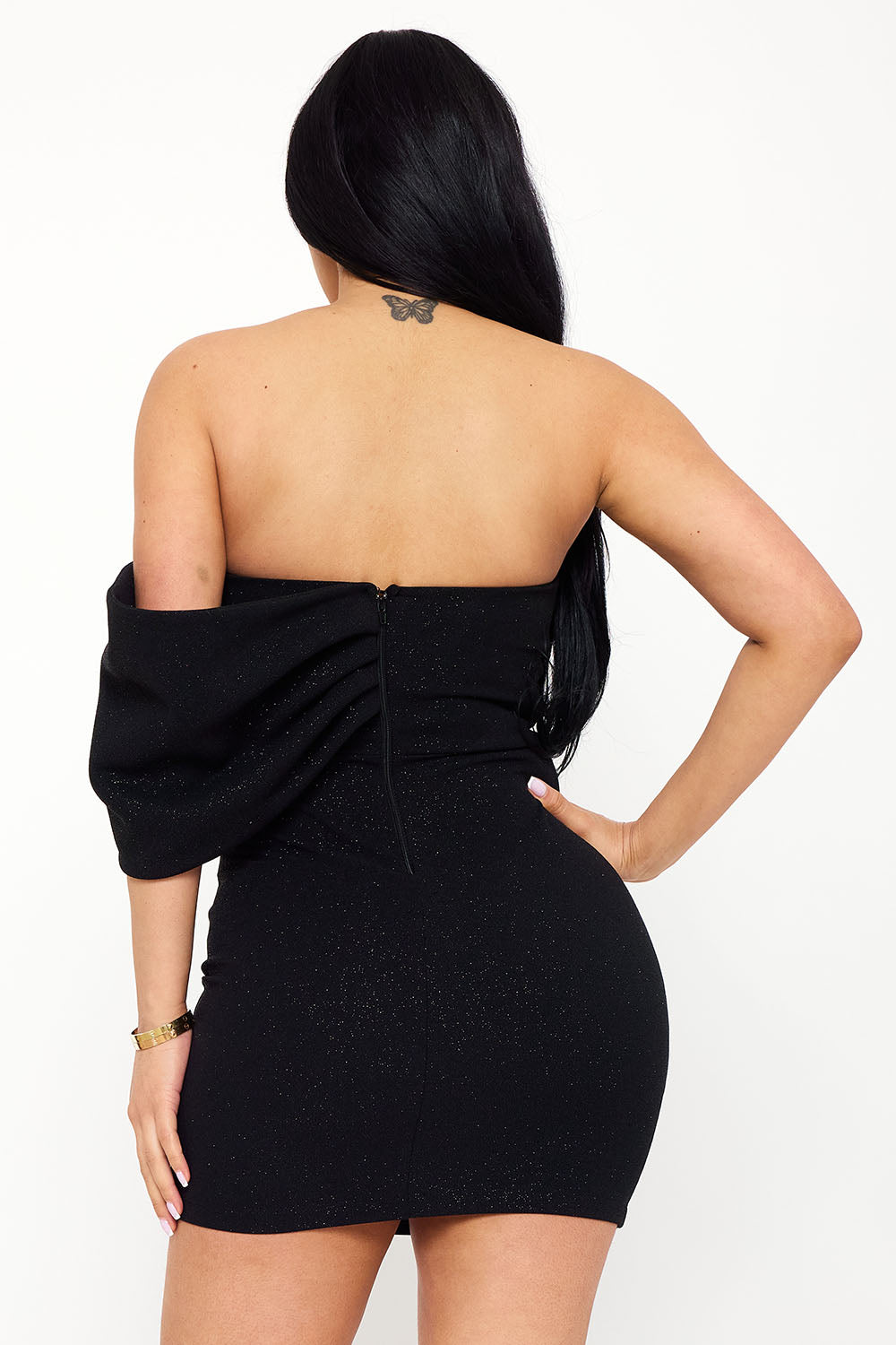 Symphony Dress - Glitter With Large Bow On One Shoulder Mini Dress
