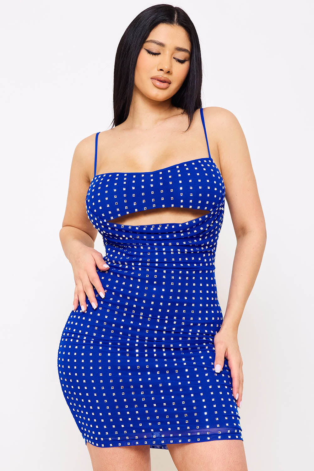 Symphony Dress - Rhinestone On Power Mesh Draped Front Mini Dress