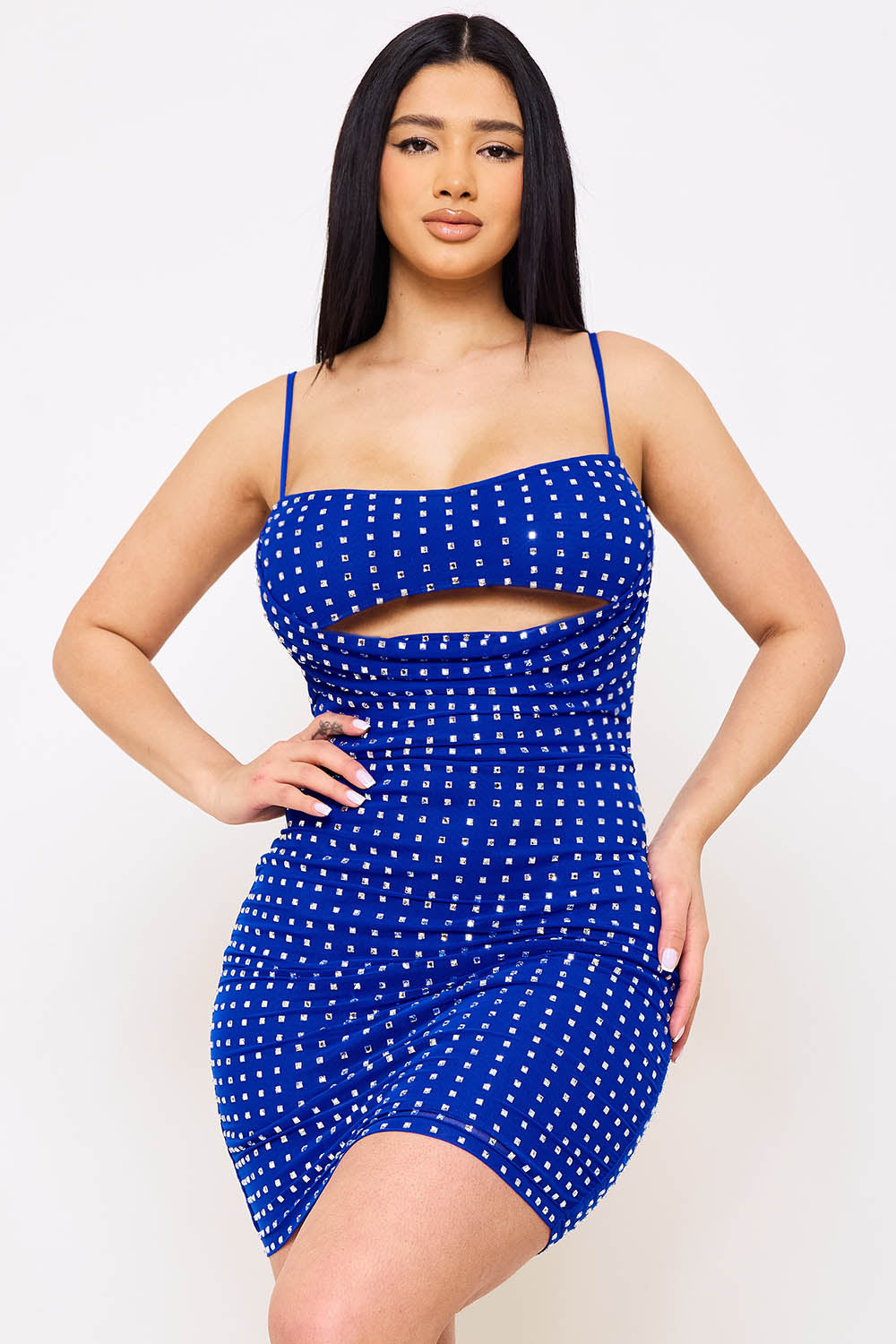 Symphony Dress - Rhinestone On Power Mesh Draped Front Mini Dress