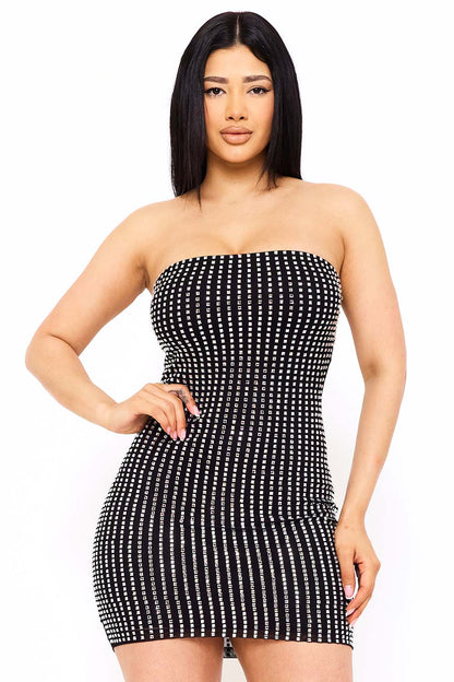 Symphony Dress - Rhinestone On Power Mesh Tube Top Mini Dress