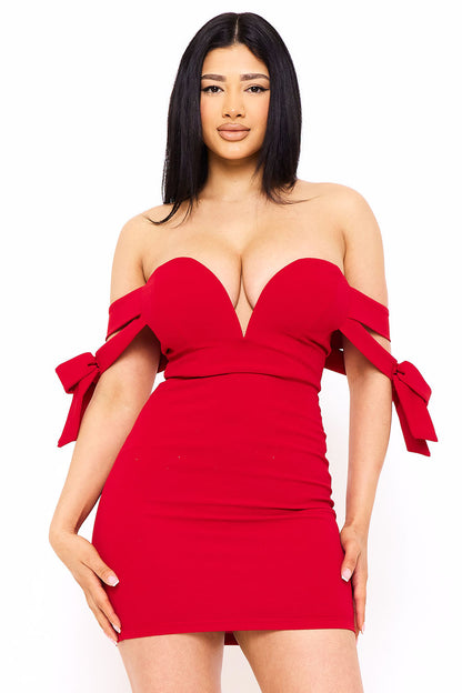 Symphony Dress - Off The Shoulder Bow Shoulder Mini Dress