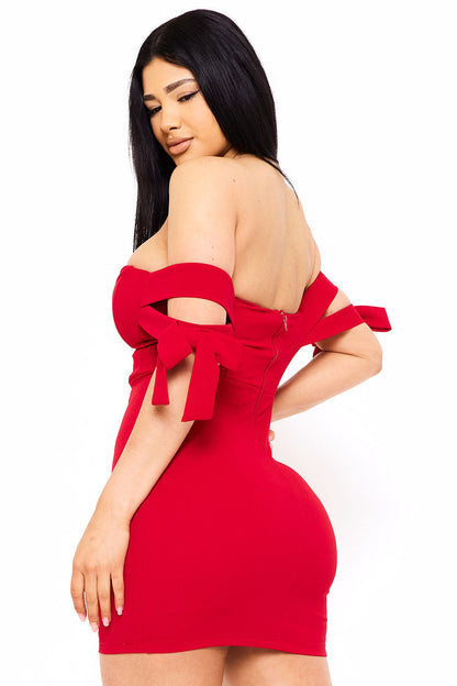 Symphony Dress - Off The Shoulder Bow Shoulder Mini Dress