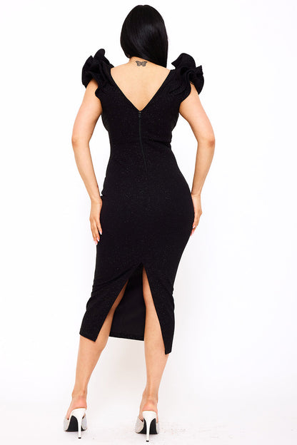 Symphony Dress - Glitter Ruffle Shoulders Midi Dress