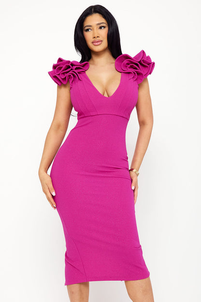 Symphony Dress - Glitter Ruffle Shoulders Midi Dress