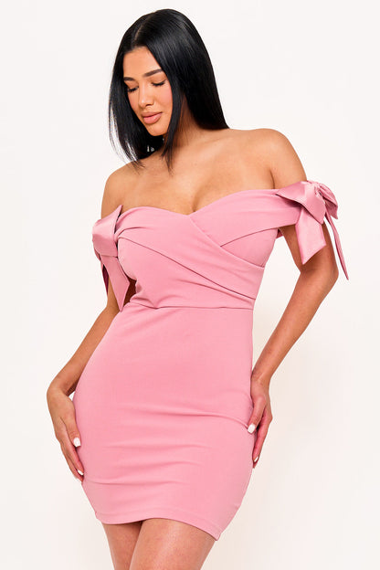 Symphony Dress - Satin Bow On Sleeve Off The Shoulder Mini Dress