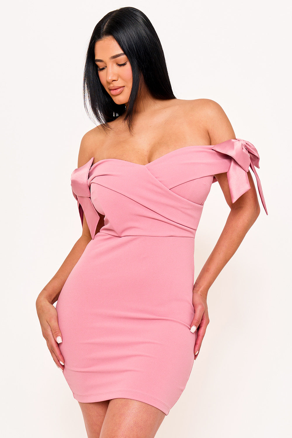 Symphony Dress - Satin Bow On Sleeve Off The Shoulder Mini Dress