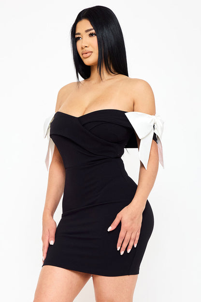 Symphony Dress - Satin Bow On Sleeve Off The Shoulder Mini Dress
