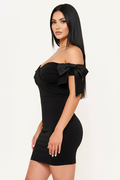 Symphony Dress - Satin Bow On Sleeve Off The Shoulder Mini Dress