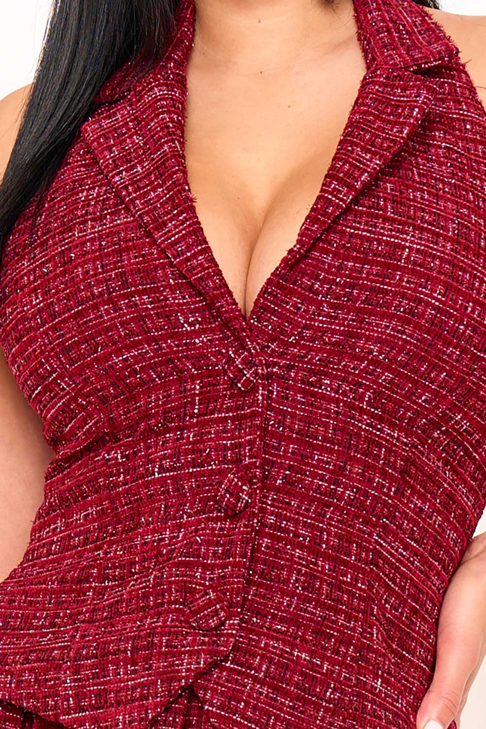 Symphony Dress - Tweed Halter Top With Collar Mini Dress
