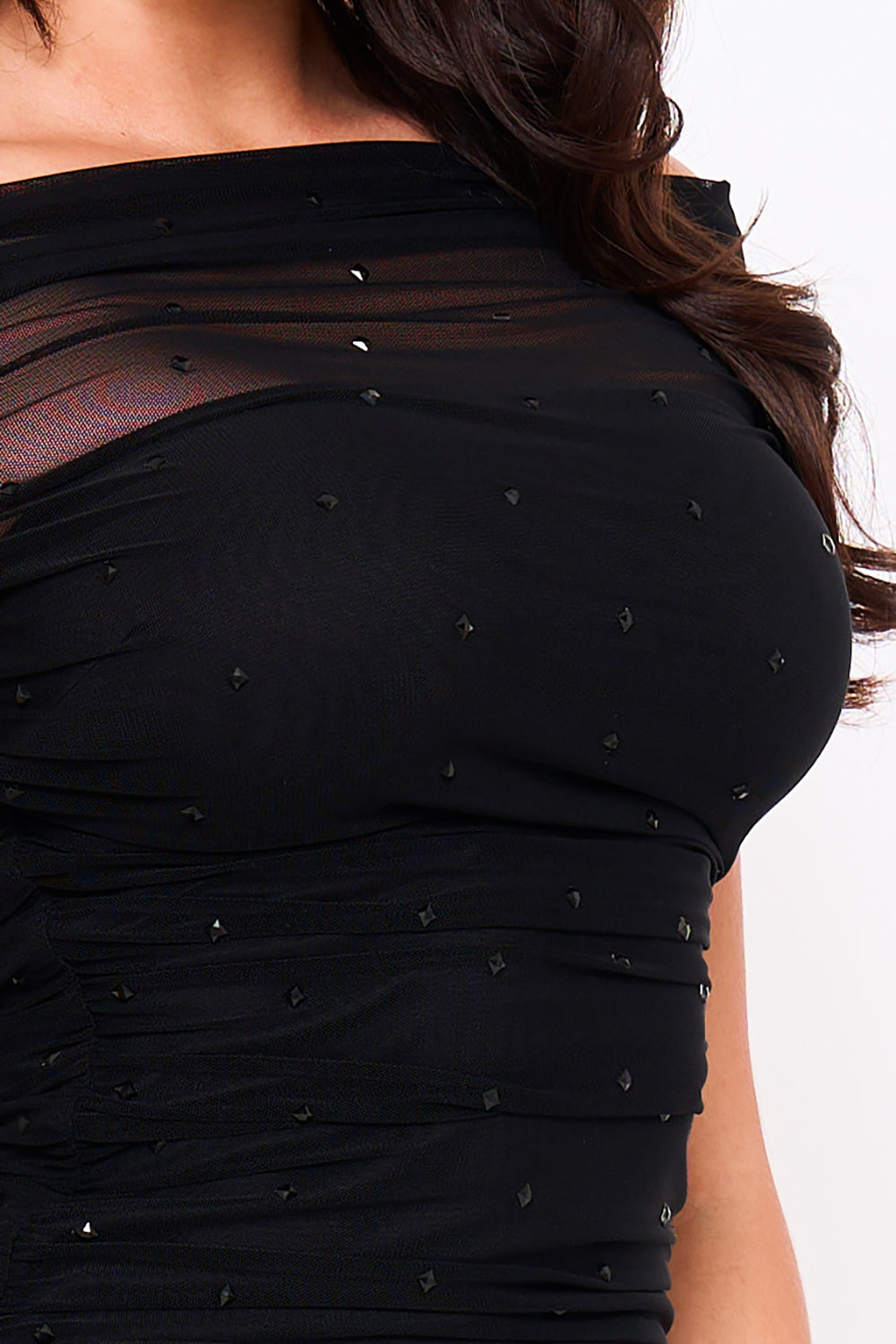 Symphony Dress - Rhinestone On Power Mesh Off The Shoulder Mini Dress