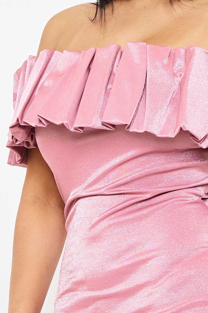 Symphony Dress - Ruffle Metallic Tricot Off The Shoulder Mini Dress