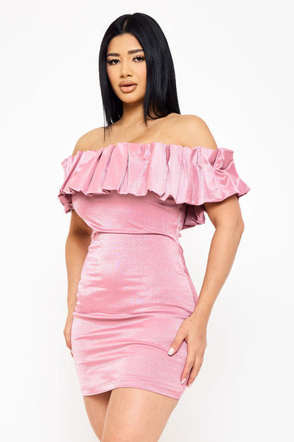 Symphony Dress - Ruffle Metallic Tricot Off The Shoulder Mini Dress