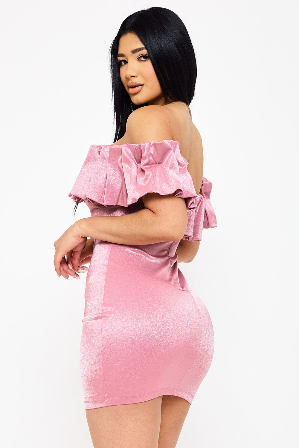 Symphony Dress - Ruffle Metallic Tricot Off The Shoulder Mini Dress