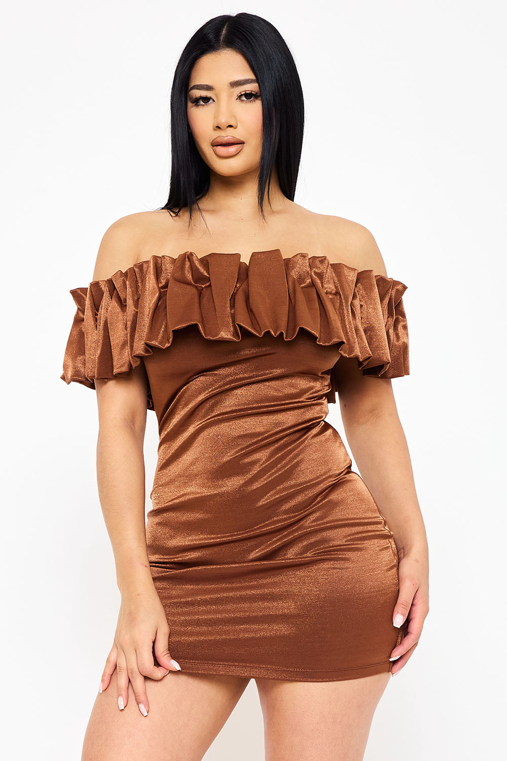 Symphony Dress - Ruffle Metallic Tricot Off The Shoulder Mini Dress