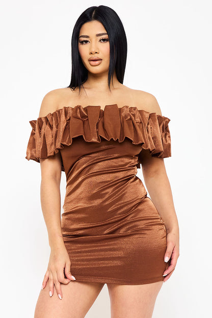 Symphony Dress - Ruffle Metallic Tricot Off The Shoulder Mini Dress