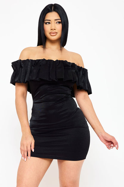 Symphony Dress - Ruffle Metallic Tricot Off The Shoulder Mini Dress