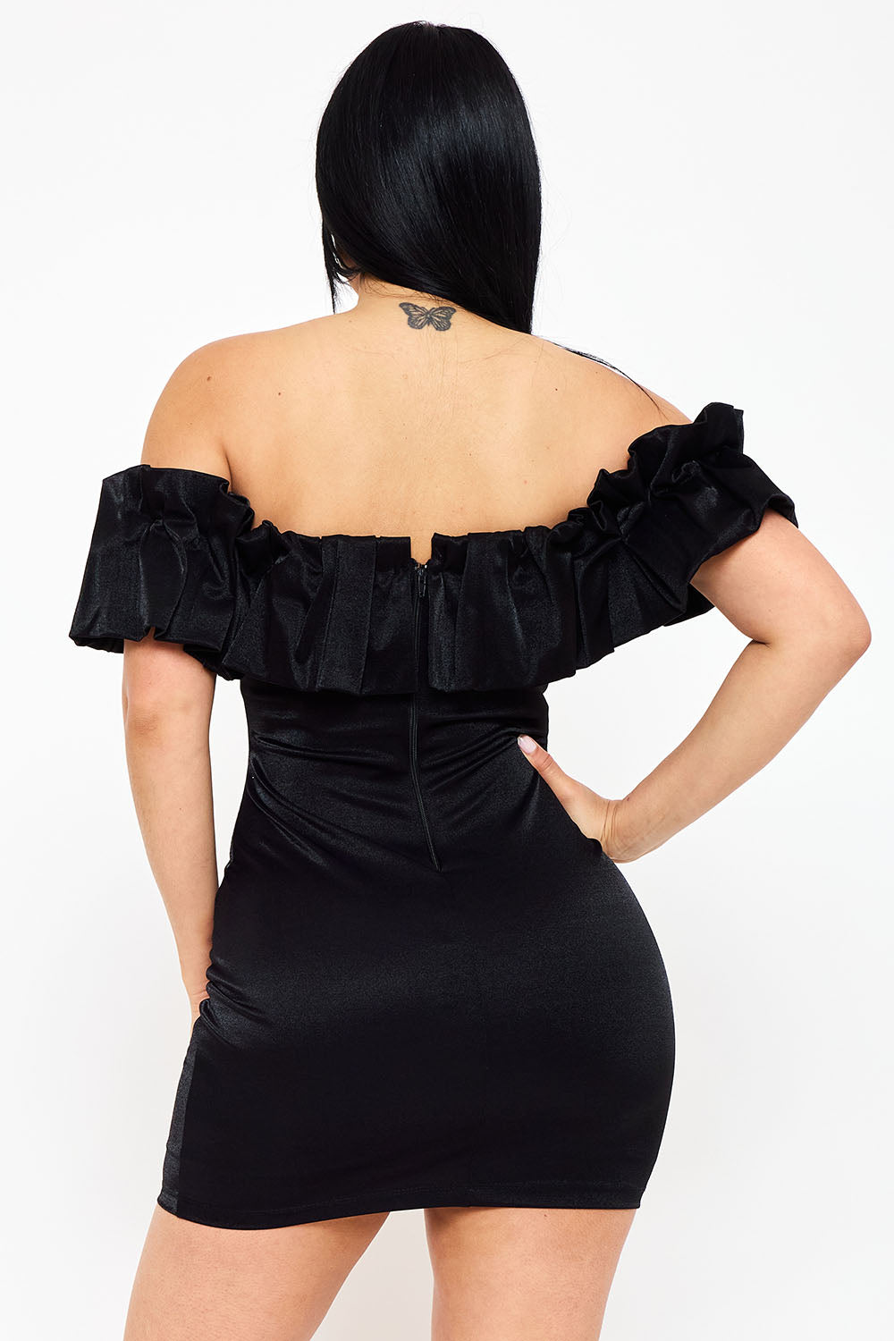 Symphony Dress - Ruffle Metallic Tricot Off The Shoulder Mini Dress