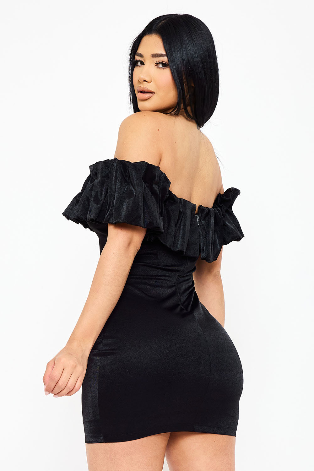 Symphony Dress - Ruffle Metallic Tricot Off The Shoulder Mini Dress