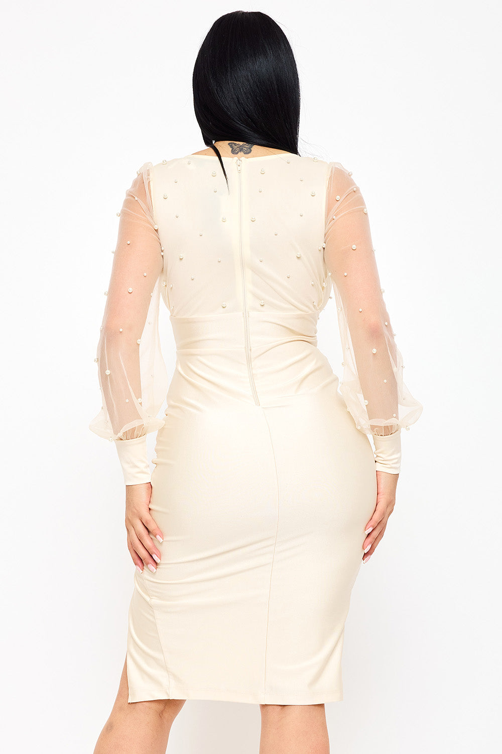 Symphony Dress - Pearl Beaded On Mesh With Contrast Power Satin Midi Dress