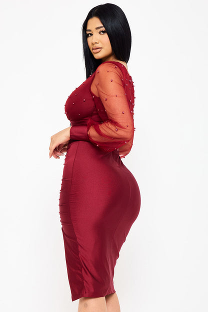 Symphony Dress - Pearl Beaded On Mesh With Contrast Power Satin Midi Dress