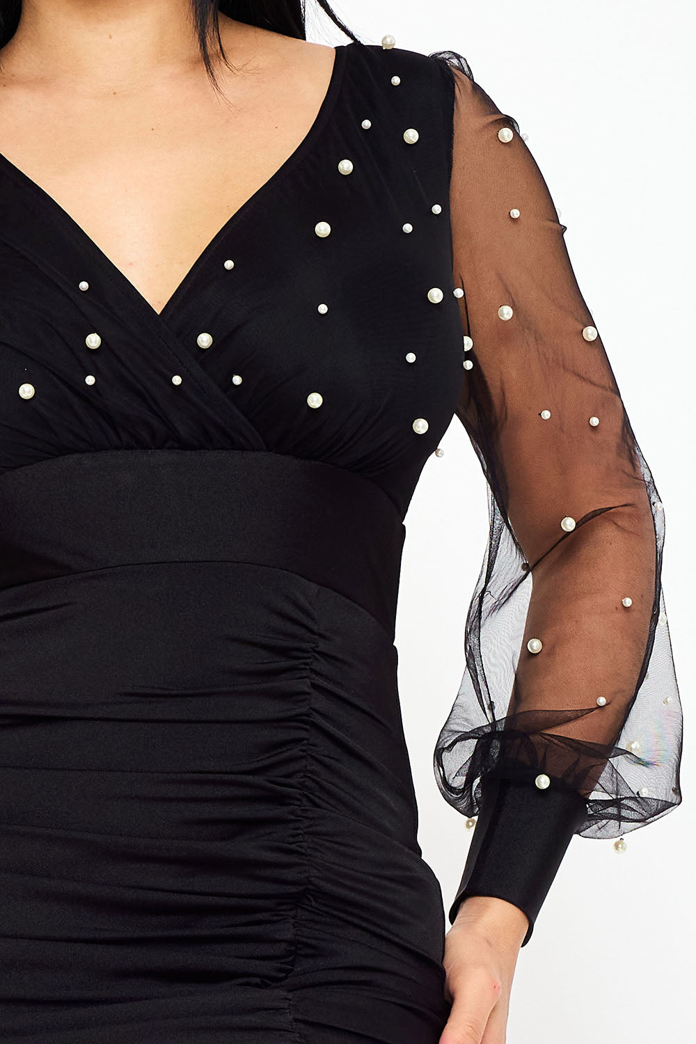 Symphony Dress - Pearl Beaded On Mesh With Contrast Power Satin Midi Dress