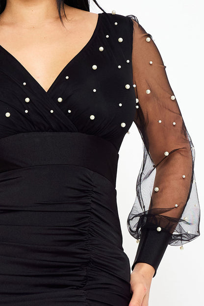 Symphony Dress - Pearl Beaded On Mesh With Contrast Power Satin Midi Dress