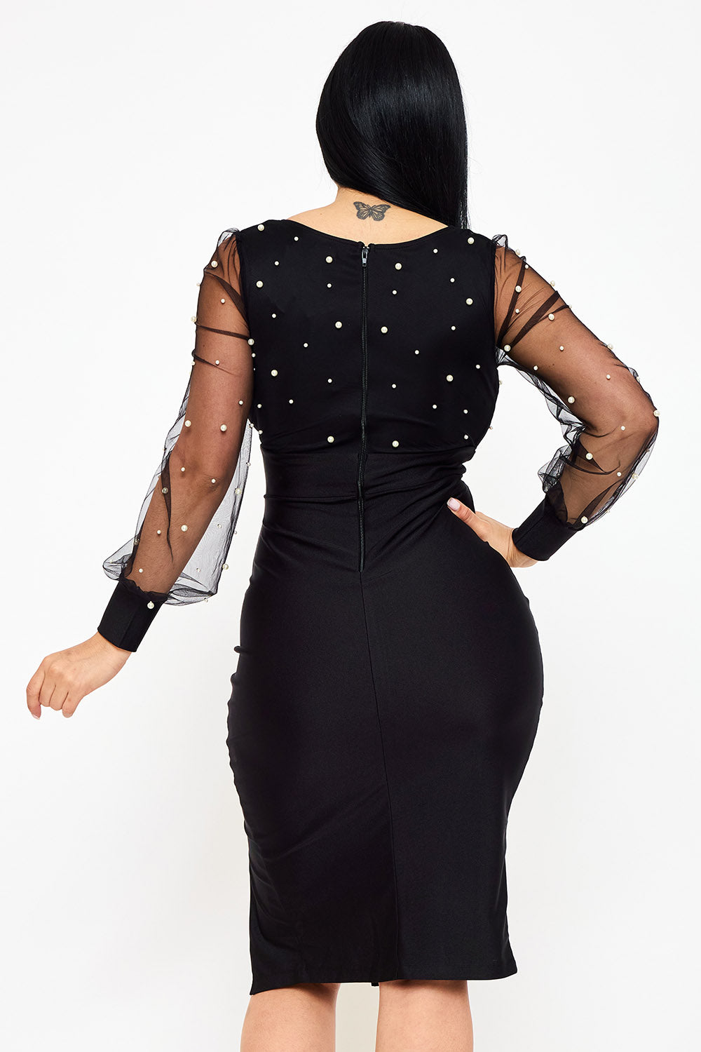 Symphony Dress - Pearl Beaded On Mesh With Contrast Power Satin Midi Dress