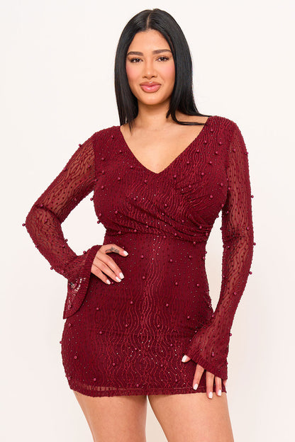 Symphony Dress - Pearl Detailed Wavy Mesh Mini Dress
