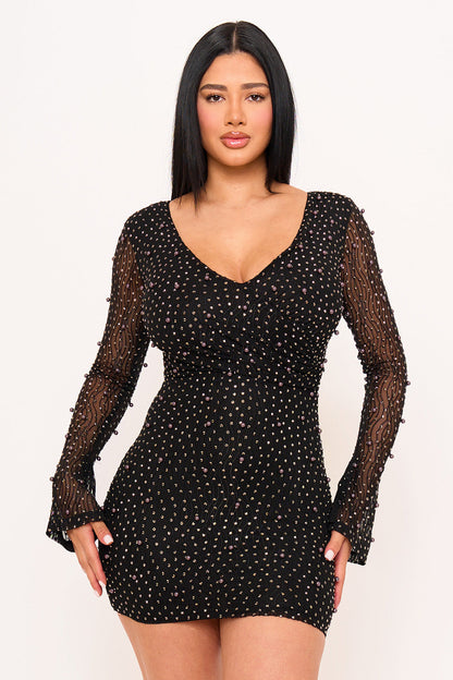 Symphony Dress - Pearl Detailed Wavy Mesh Mini Dress