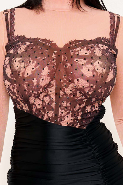 Symphony Dress - Lace Print On Mesh With Satin Contrast Mini Dress